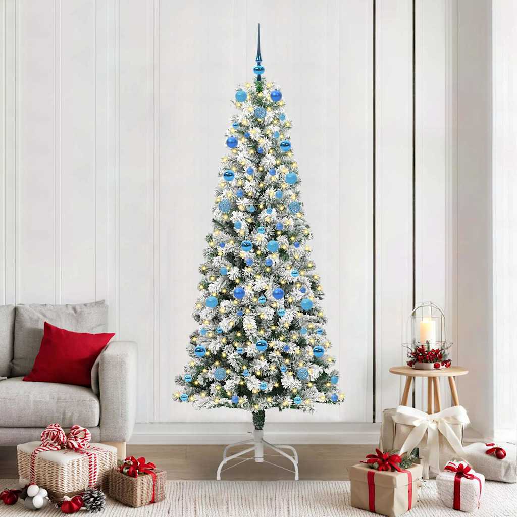 Artificial Hinged Christmas Tree Green and White 210 cm with LEDs &blue balls
