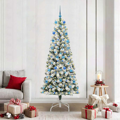 Artificial Hinged Christmas Tree Green and White 210 cm with LEDs &blue balls