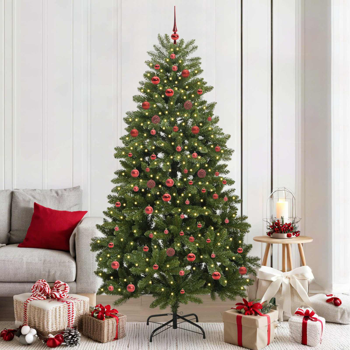 Artificial Christmas Tree 210 cm 300 LEDs Warm White Green Ø 106 x 210 cm with 300 LEDs&red balls