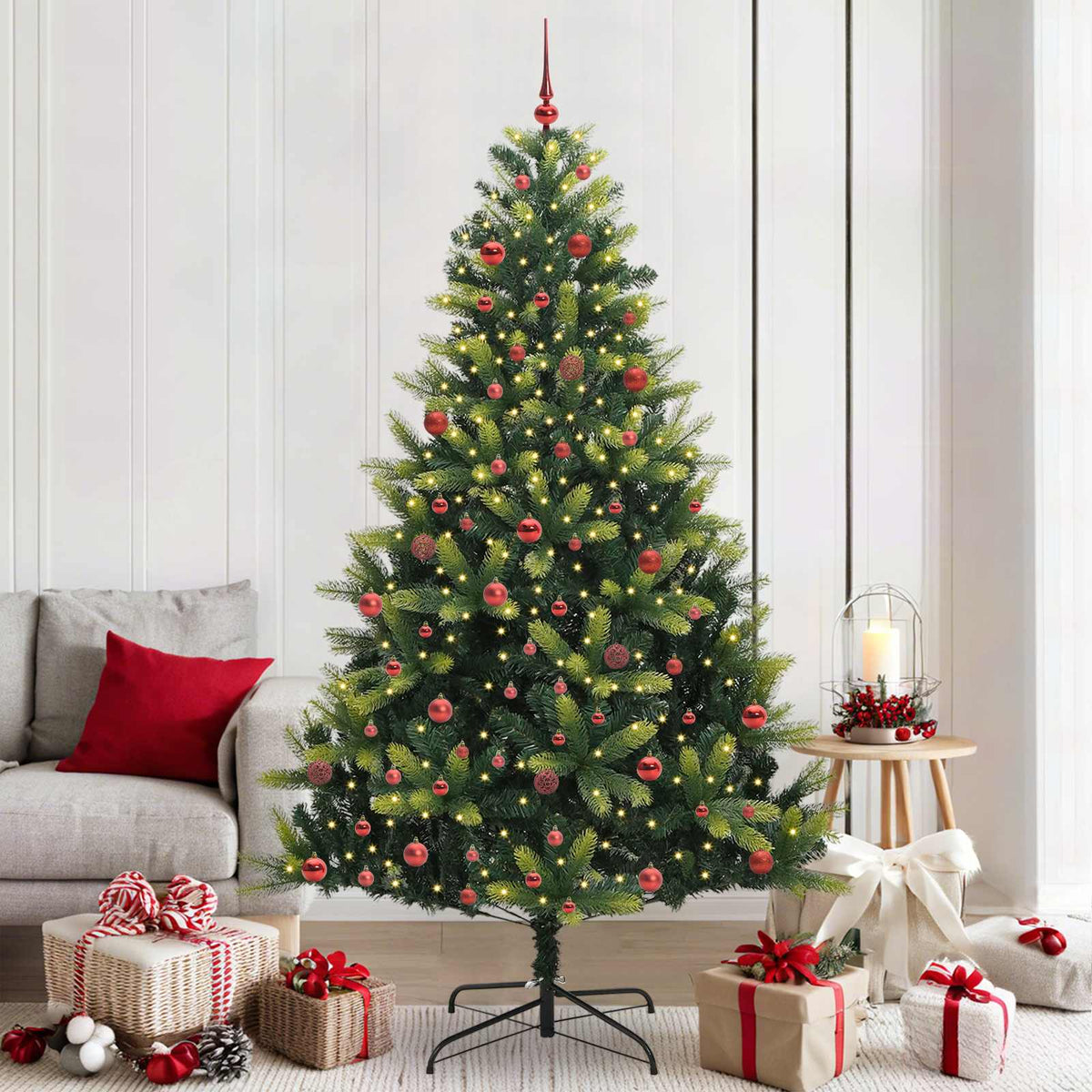 Artificial Hinged Christmas Tree 300 LEDs Green 210 cm with LEDs&red balls