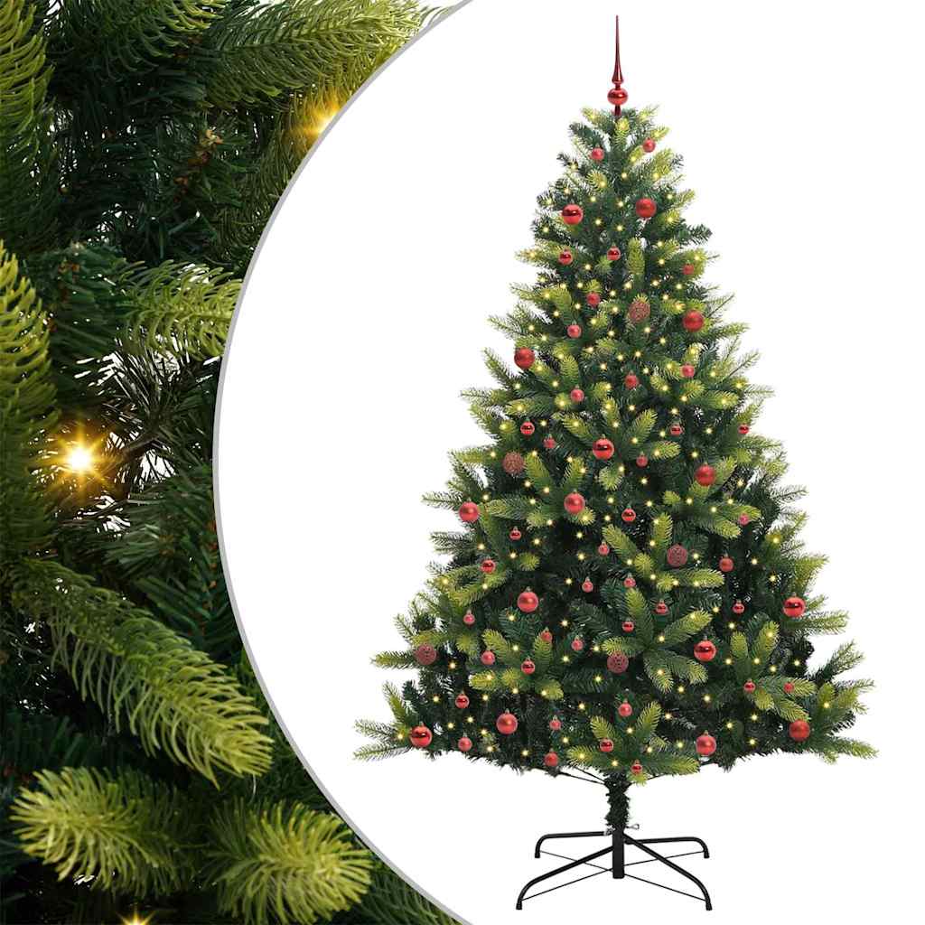 Artificial Hinged Christmas Tree 300 LEDs Green 210 cm with LEDs&red balls