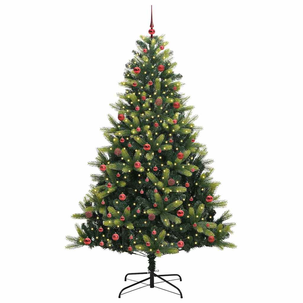 Artificial Hinged Christmas Tree 300 LEDs Green 210 cm with LEDs&red balls