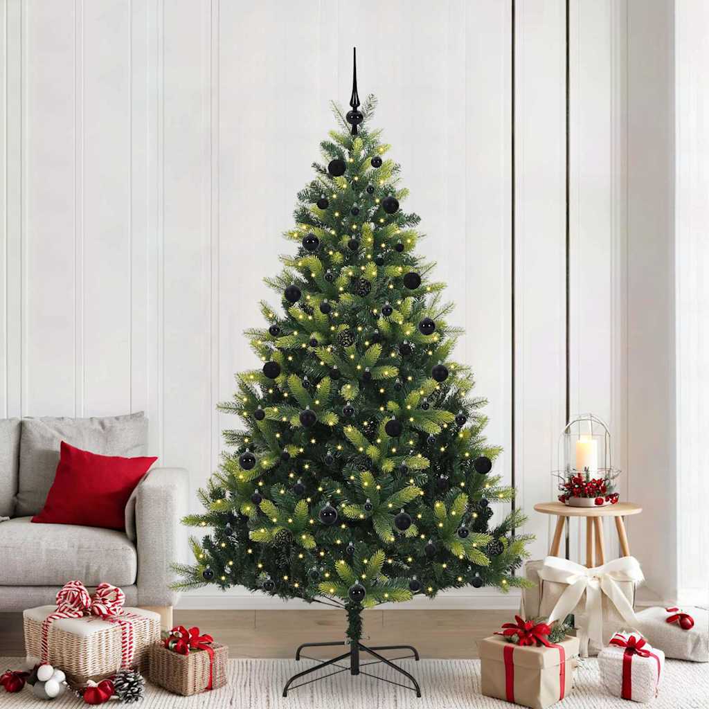 Artificial Hinged Christmas Tree 300 LEDs Green 210 cm with LEDs&black balls