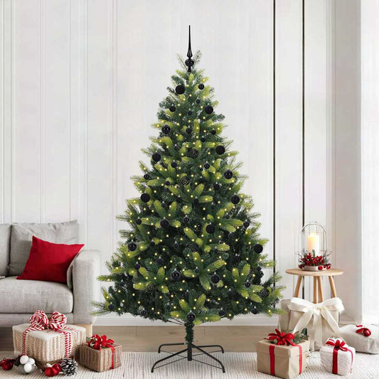 Artificial Hinged Christmas Tree 300 LEDs Green 210 cm with LEDs&black balls