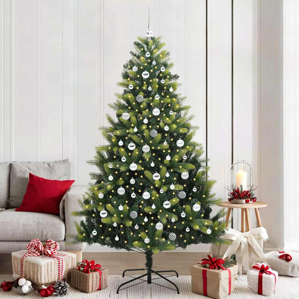 Artificial Hinged Christmas Tree 300 LEDs Green 210 cm with LEDs&silver balls