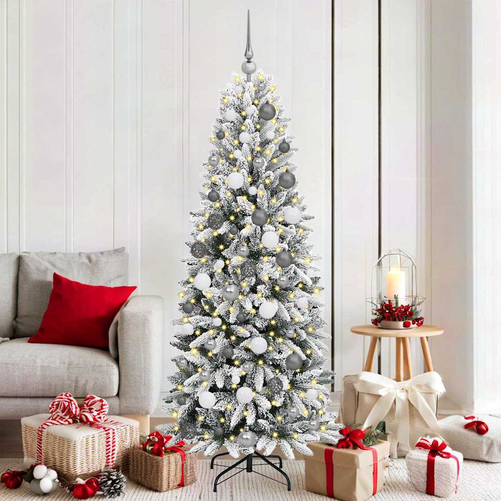 Artificial Christmas Tree White Green and White 180 cm with LEDs &white/grey balls