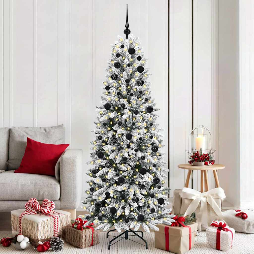 Artificial Christmas Tree White Green and White 180 cm with LEDs &black balls