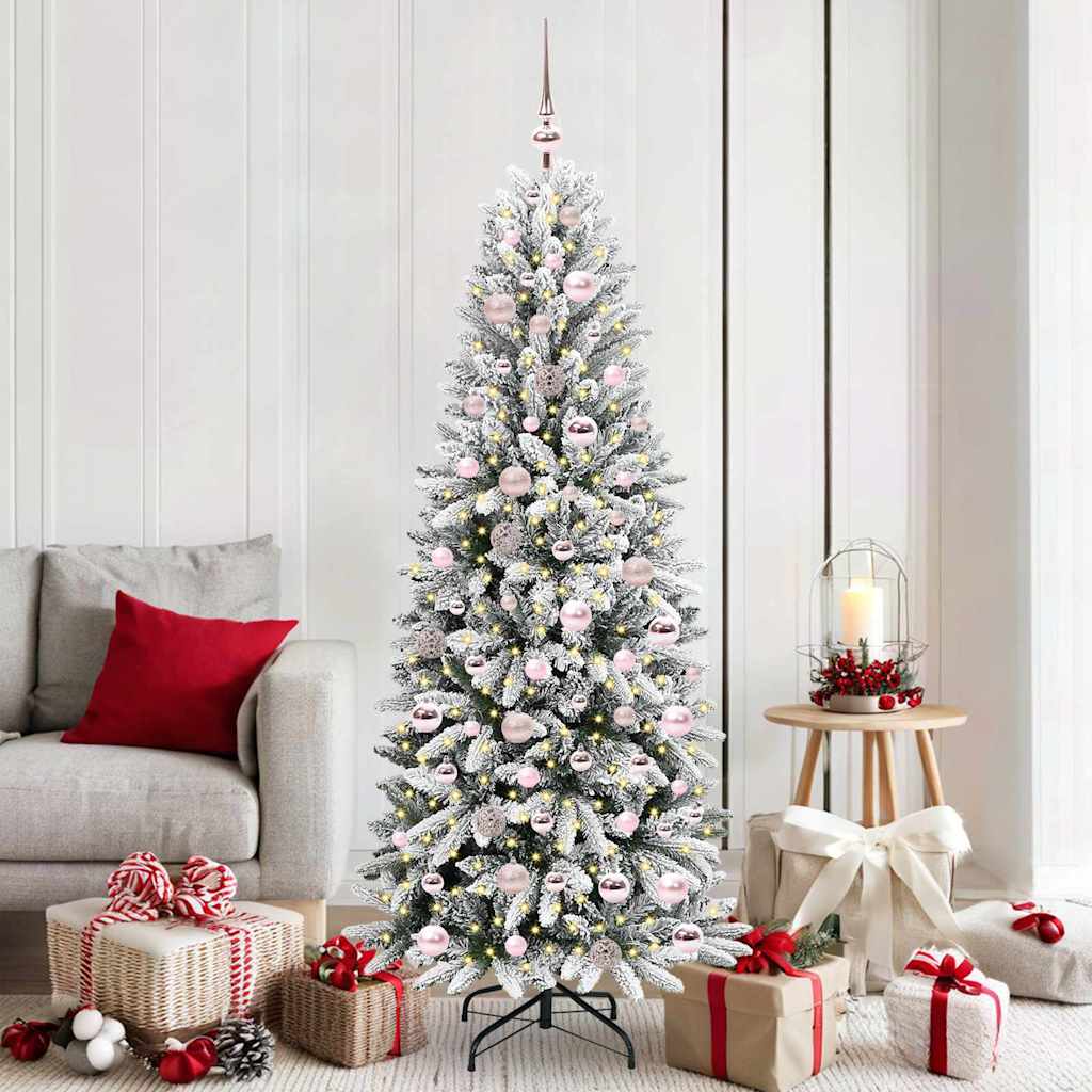 Artificial Christmas Tree White Green and White 180 cm with LEDs &pink balls
