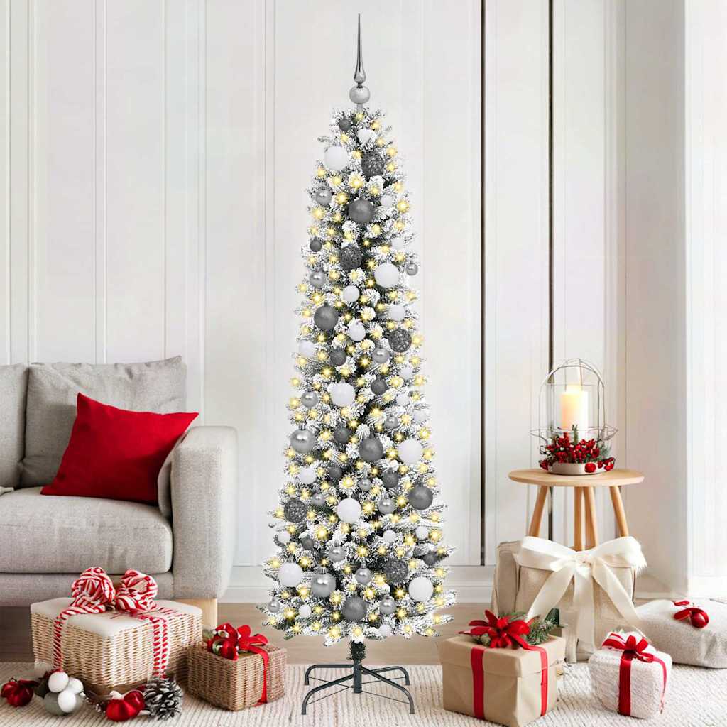 Artificial Christmas Tree White 180 cm with LEDs & white/grey balls