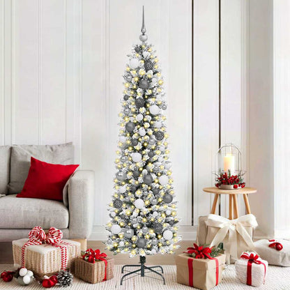 Artificial Christmas Tree White 180 cm with LEDs & white/grey balls