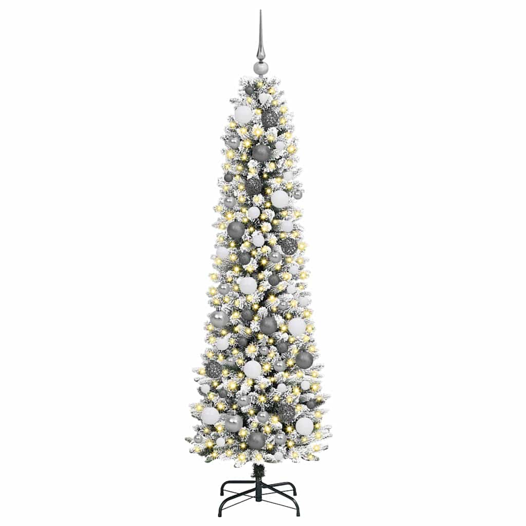 Artificial Christmas Tree White 180 cm with LEDs & white/grey balls