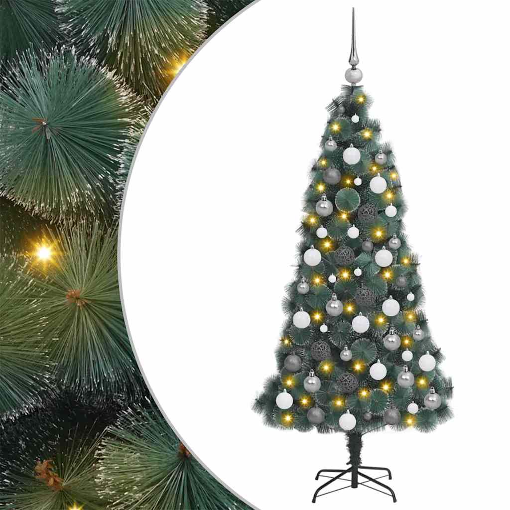 Artificial Pre-lit Christmas Tree with Ball Set Green 210 cm 210 x 105 cm with LEDs&white/grey balls