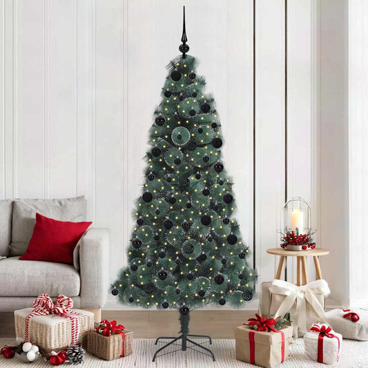 Artificial Pre-lit Christmas Tree with Ball Set Green 210 cm with LEDs &black balls