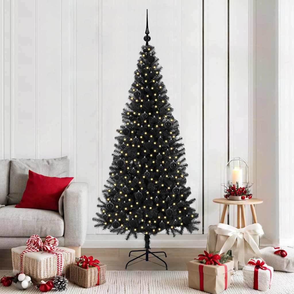 Christmas Tree PVC 180 cm Black with 300 LEDs&black balls