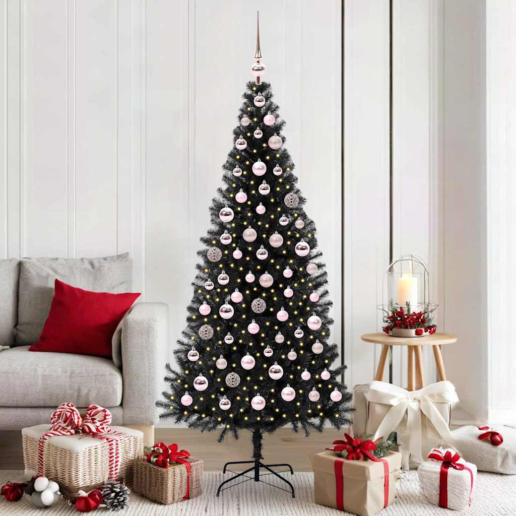 Christmas Tree PVC 180 cm Black with 300 LEDs&pink balls