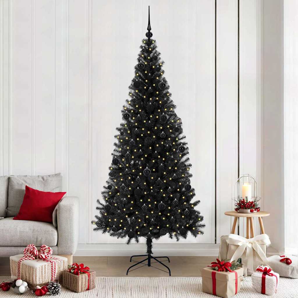 Christmas Tree PVC 210 cm Black with 300 LEDs&black balls