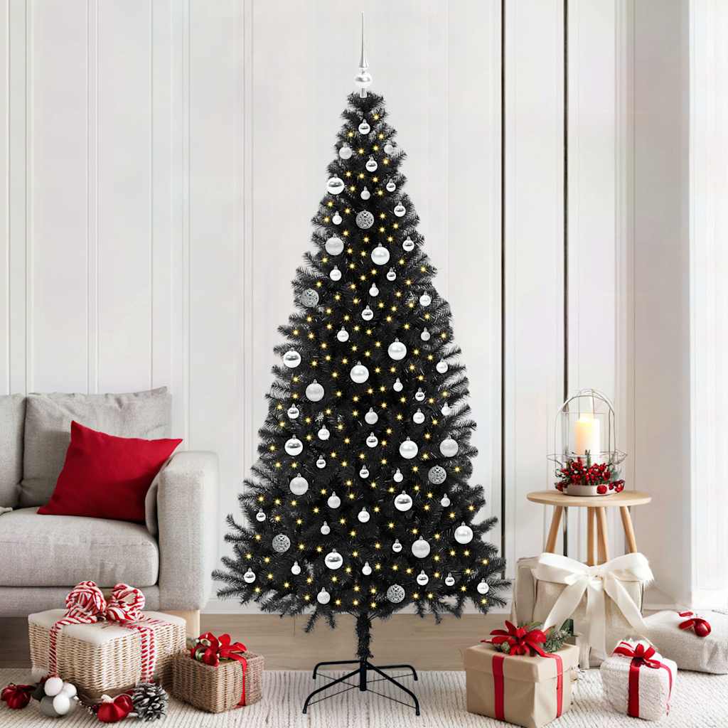 Christmas Tree PVC 210 cm Black with 300 LEDs&silver balls