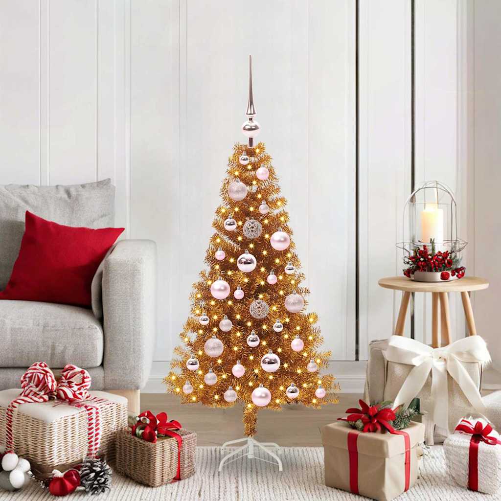 Christmas Tree PET 120 cm Gold with 150 LEDs&pink balls