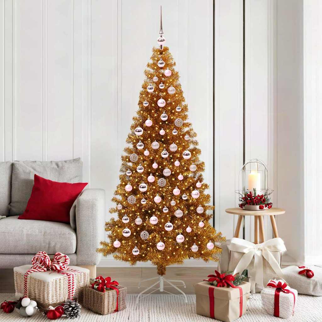 Christmas Tree PET 180 cm Gold with 300 LEDs&pink balls