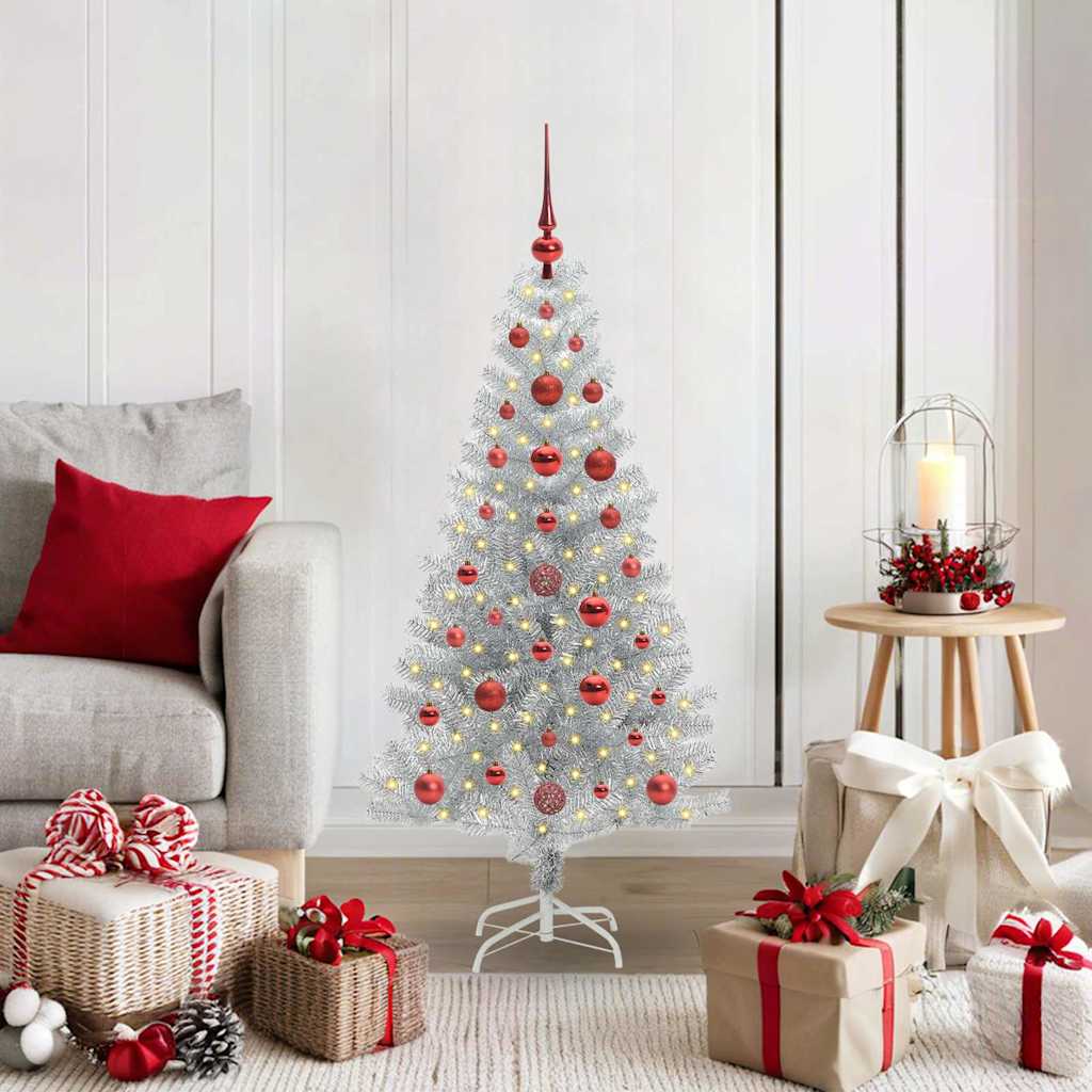 Christmas Tree PET 120 cm Silver with 150 LEDs&red balls