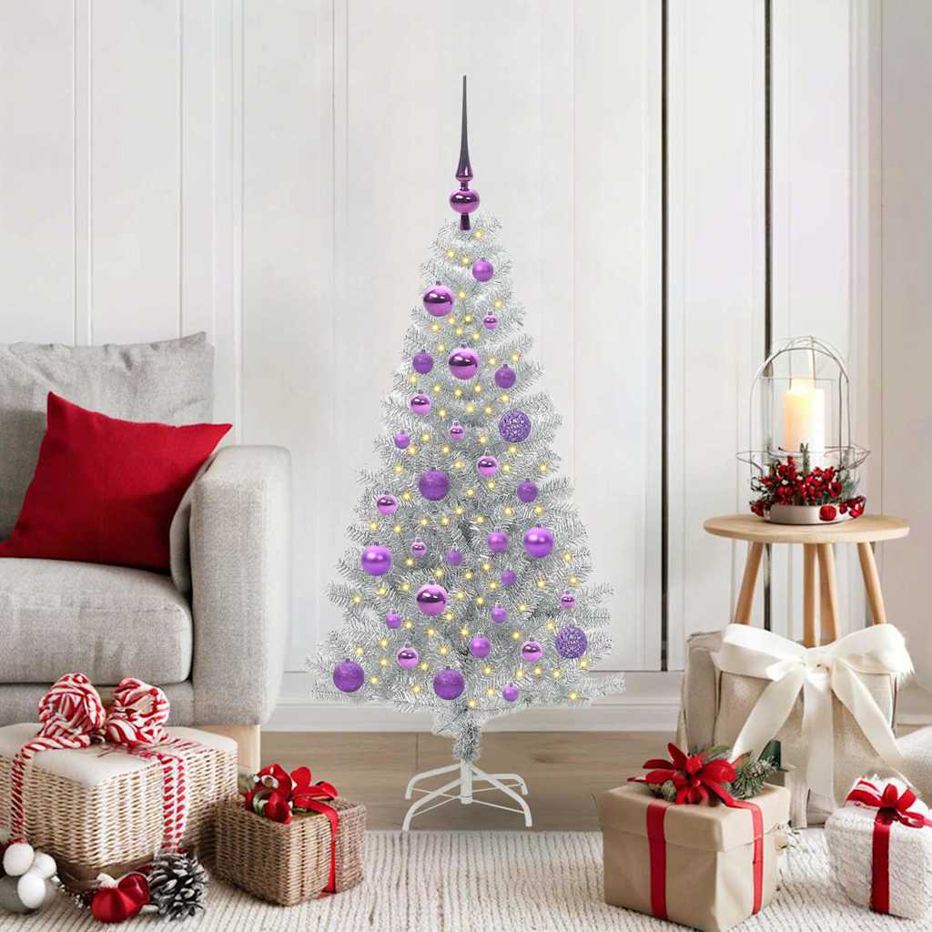 Christmas Tree PET 120 cm Silver with 150 LEDs&lilac balls