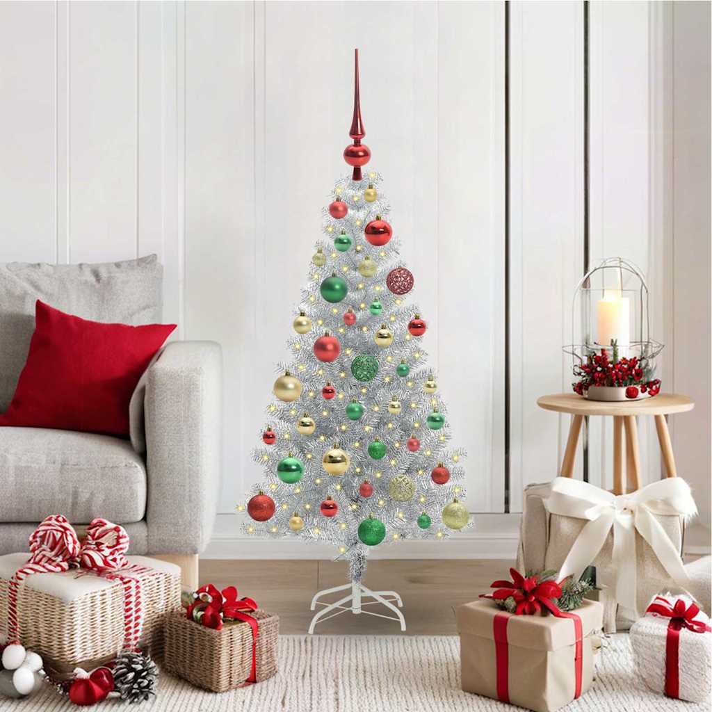 Christmas Tree PET 120 cm Silver with 150 LEDs&multicolour balls