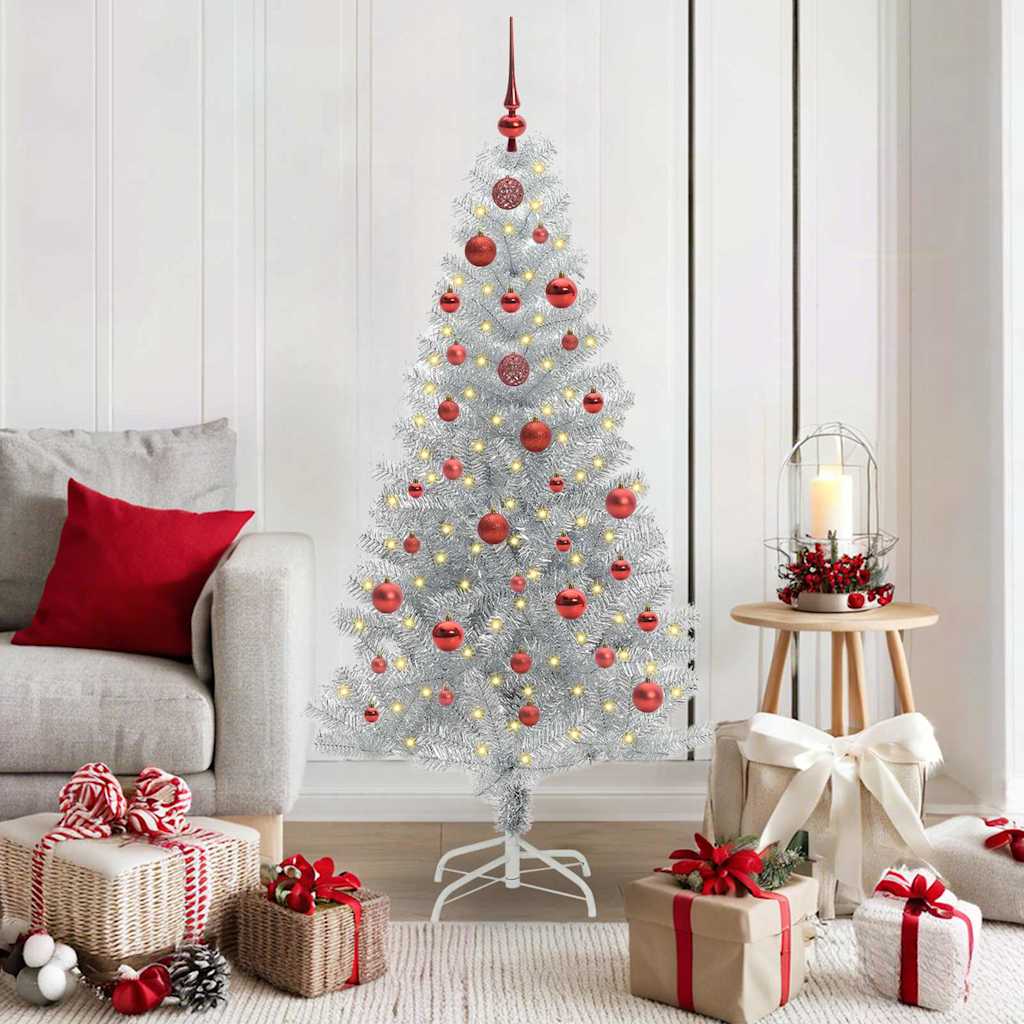 Christmas Tree PET 150 cm Silver with 150 LEDs&red balls
