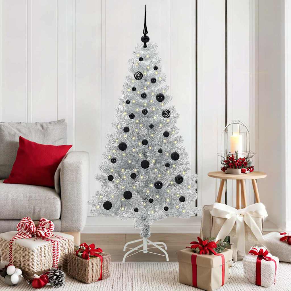 Christmas Tree PET 150 cm Silver with 150 LEDs&black balls