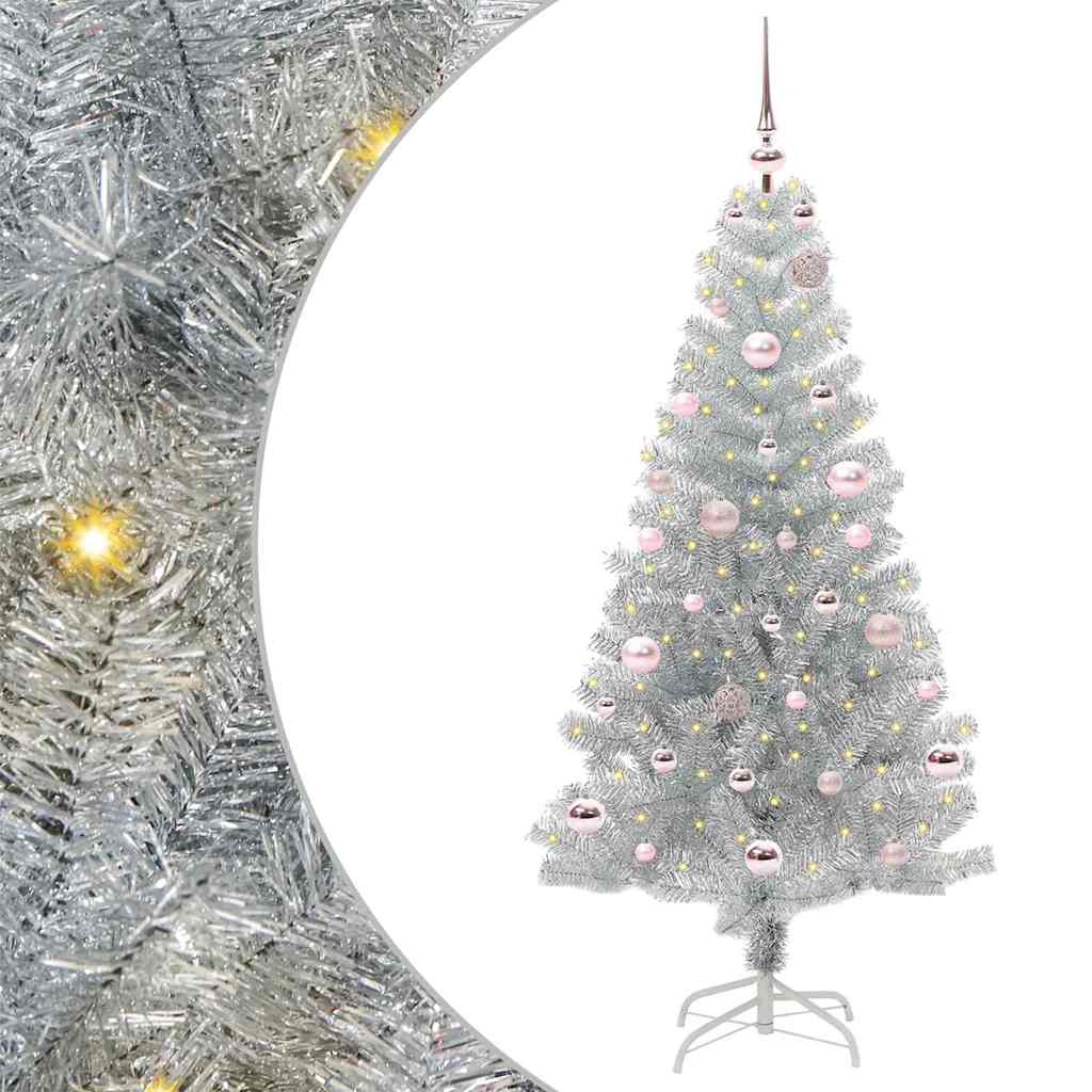 Christmas Tree PET 150 cm Silver with 150 LEDs&pink balls
