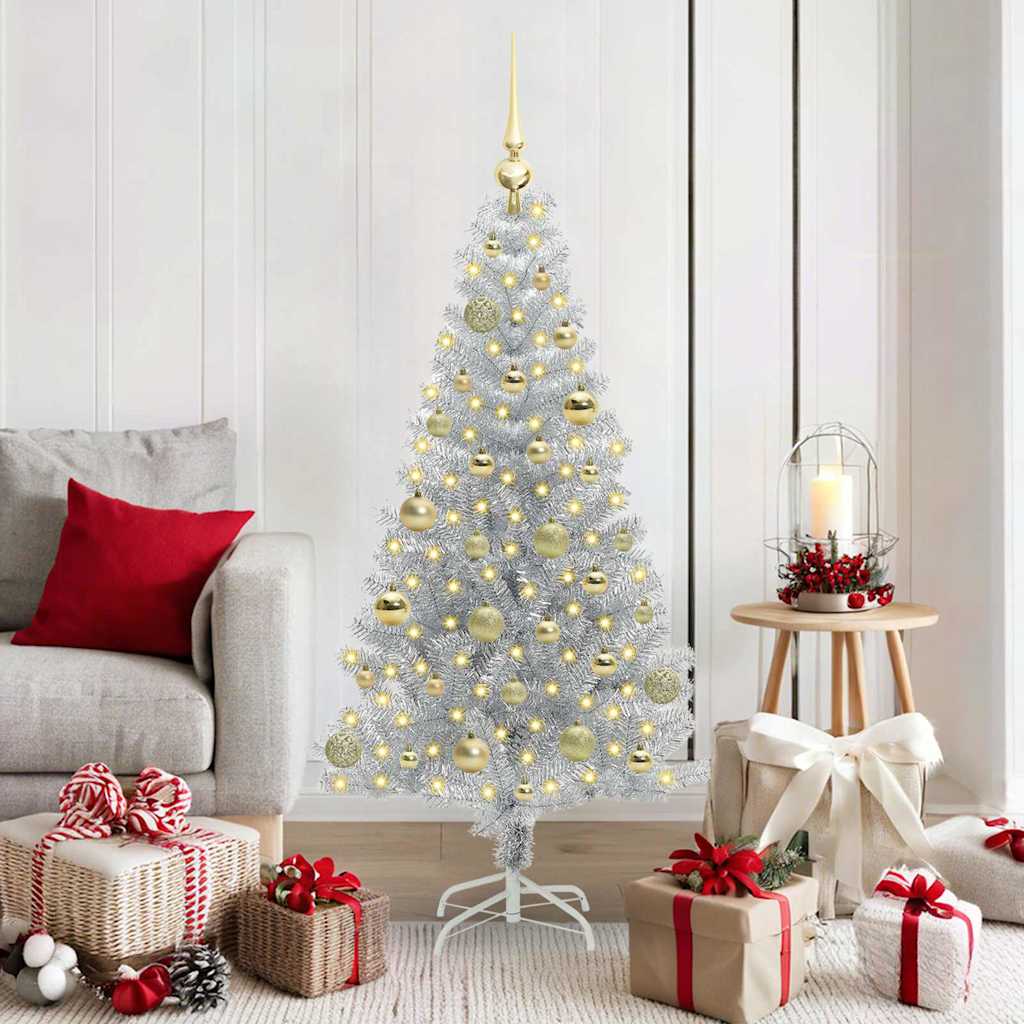 Christmas Tree PET 150 cm Silver with 150 LEDs&gold balls