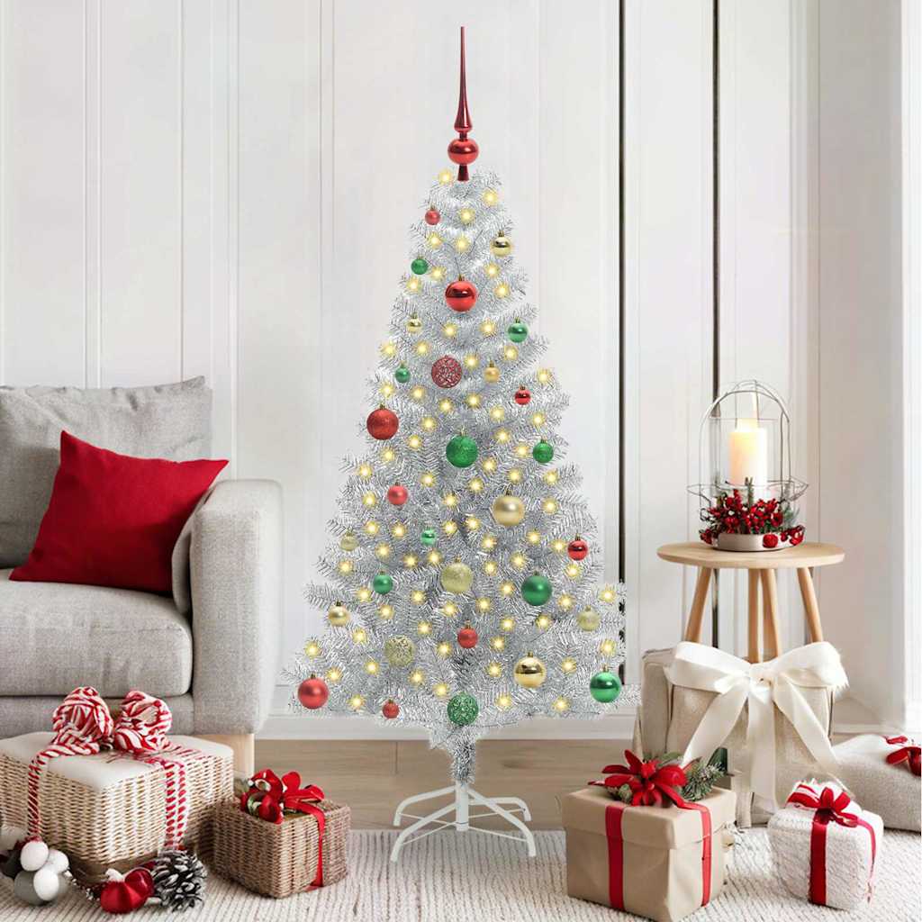 Christmas Tree PET 150 cm Silver with 150 LEDs&multicolour balls
