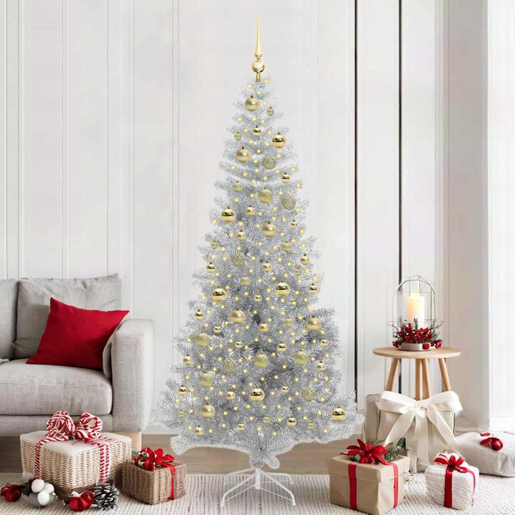 Christmas Tree PET 210 cm Silver with 300 LEDs&gold balls