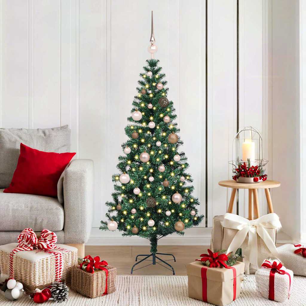 Artificial Pre-lit Christmas Tree Green PVC and Metal 150 cm with leds &rose gold balls