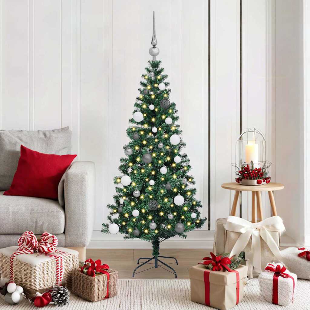 Artificial Pre-lit Christmas Tree Green PVC and Metal 150 cm with leds &white/grey balls