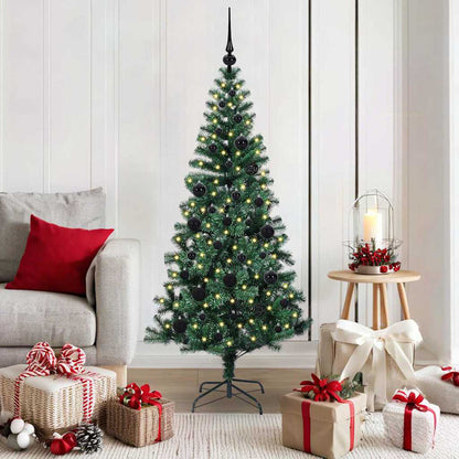Artificial Pre-lit Christmas Tree Green PVC and Metal 150 cm with leds &black balls