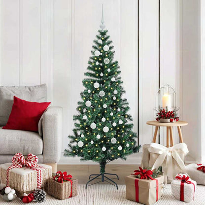 Artificial Pre-lit Christmas Tree Green PVC and Metal 150 cm with leds &white balls