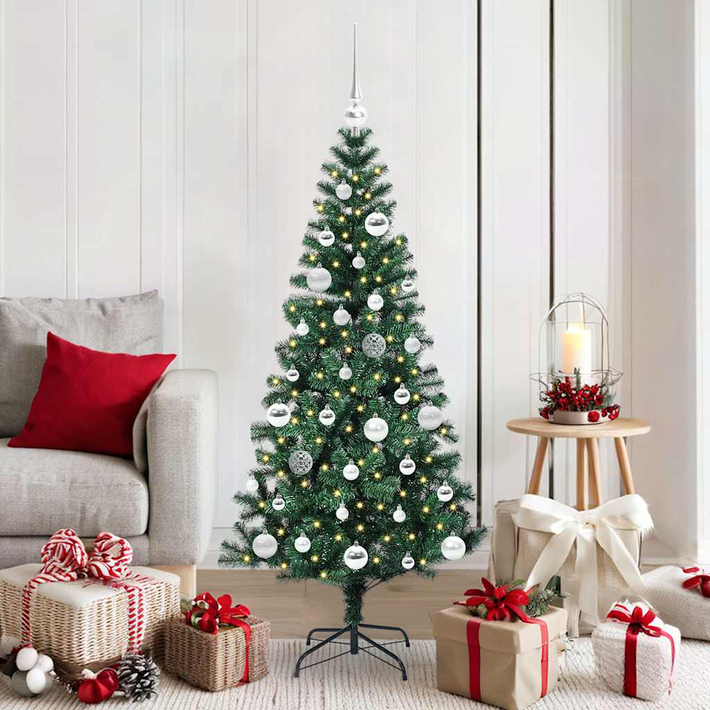 Artificial Pre-lit Christmas Tree Green PVC and Metal 150 cm with leds &silver balls