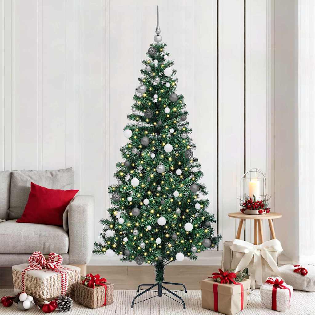 Artificial Pre-lit Christmas Tree Green PVC and Metal 210 cm with leds &white/grey balls