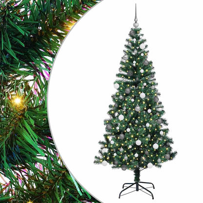 Artificial Pre-lit Christmas Tree Green PVC and Metal 210 cm with leds &white/grey balls