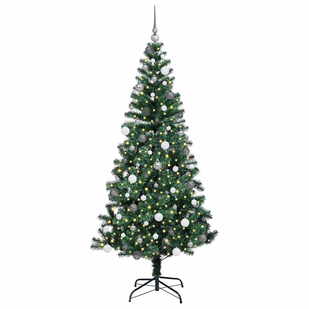 Artificial Pre-lit Christmas Tree Green PVC and Metal 210 cm with leds &white/grey balls