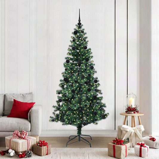 Artificial Pre-lit Christmas Tree Green PVC and Metal 210 cm with leds &black balls