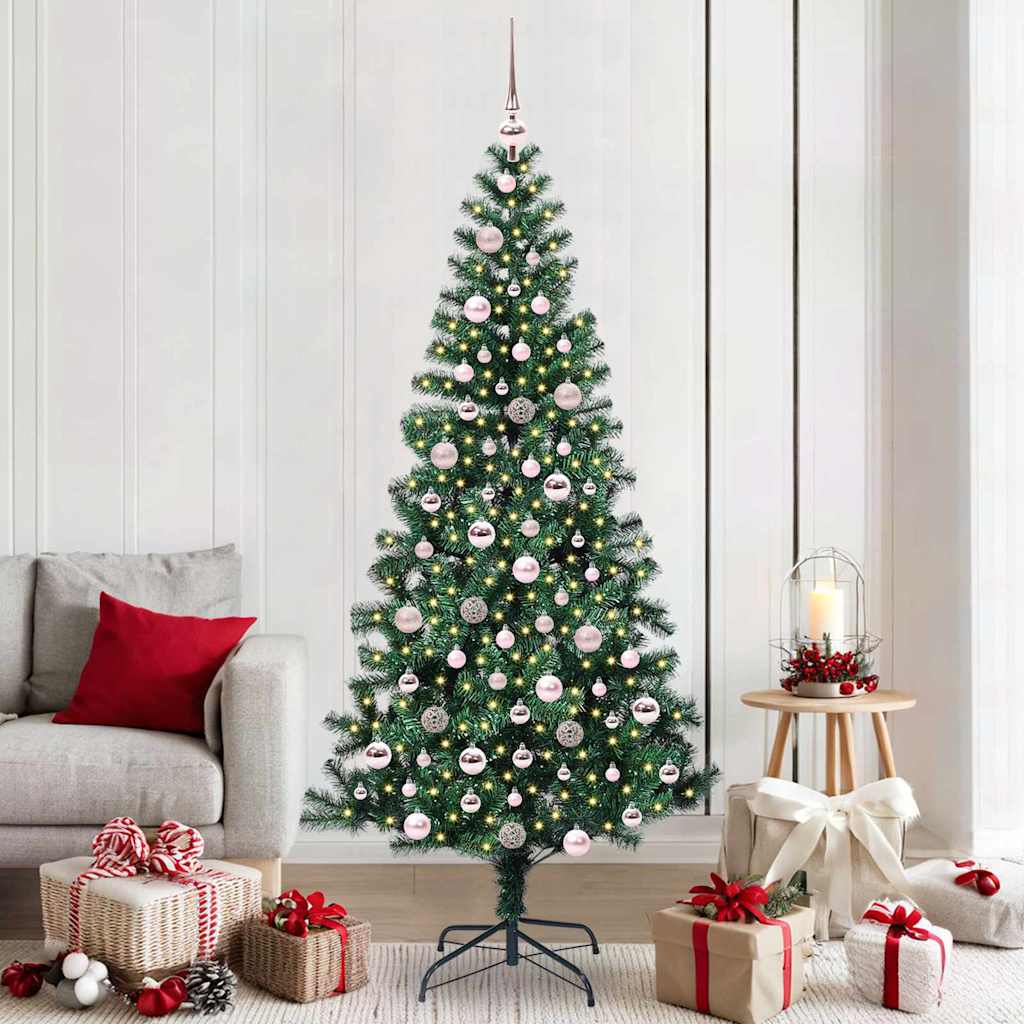 Artificial Pre-lit Christmas Tree Green PVC and Metal 210 cm with leds &pink balls