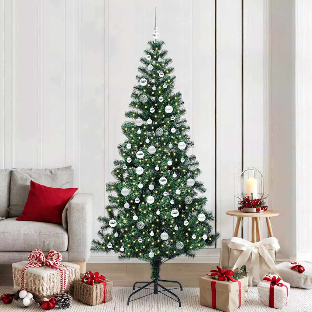 Artificial Pre-lit Christmas Tree Green PVC and Metal 210 cm with leds &silver balls