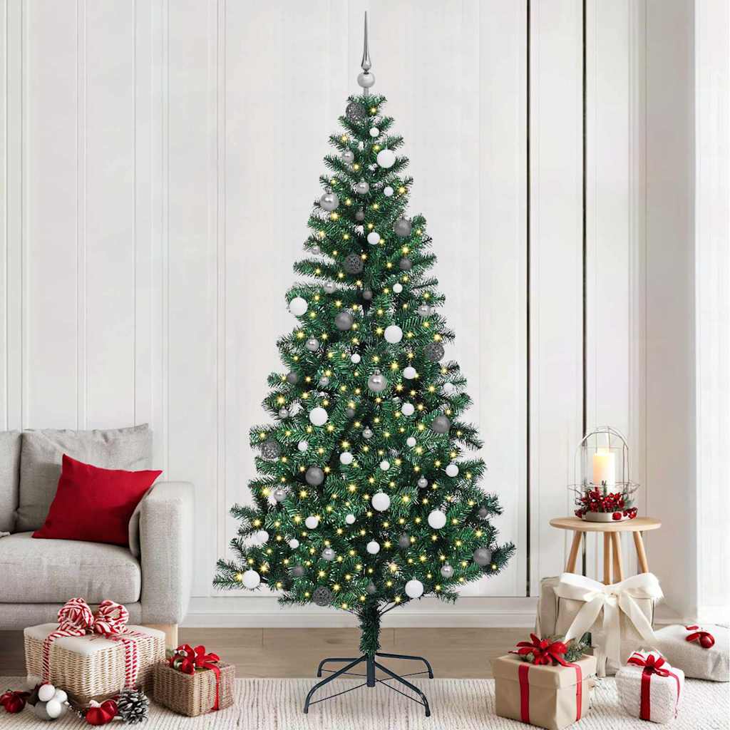Artificial Pre-lit Christmas Tree Green PVC and Metal 240 cm with leds &white/grey balls