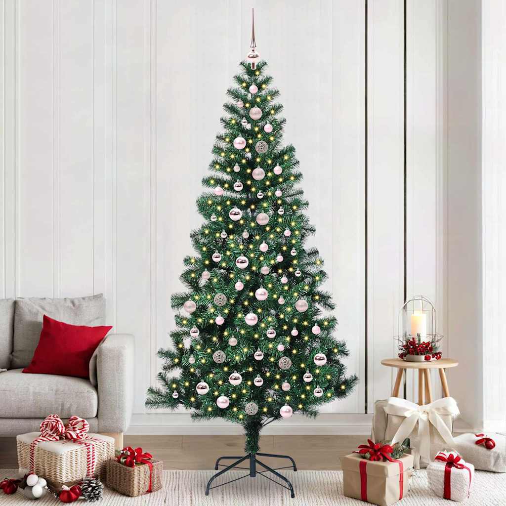 Artificial Pre-lit Christmas Tree Green PVC and Metal 240 cm with leds &pink balls