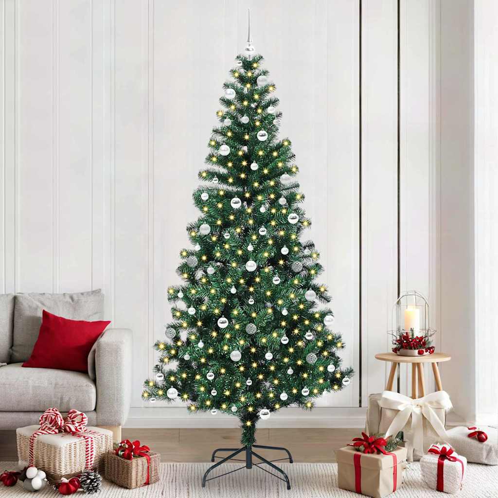 Artificial Pre-lit Christmas Tree Green PVC and Metal 240 cm with leds &silver balls