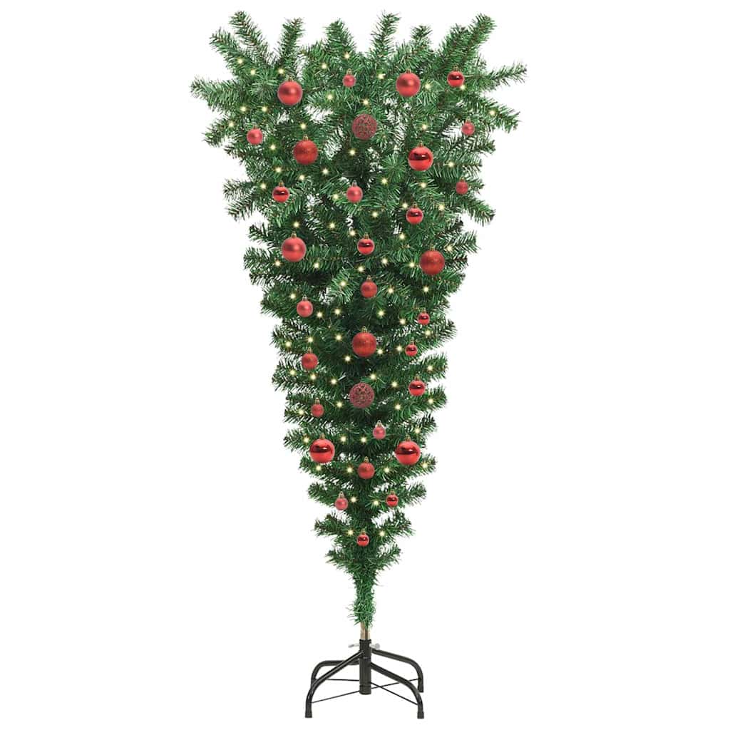 Upside-down Artificial Pre-lit Christmas Tree with Ball Set PVC Width 150 cm with 61 red balls