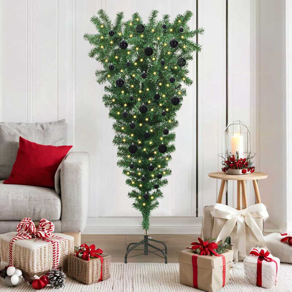 Upside-down Artificial Pre-lit Christmas Tree with Ball Set PVC Width 150 cm with 61 black balls