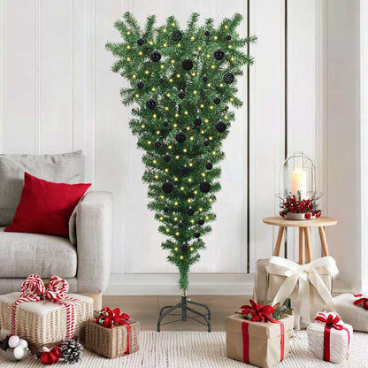 Upside-down Artificial Pre-lit Christmas Tree with Ball Set PVC Width 150 cm with 61 black balls