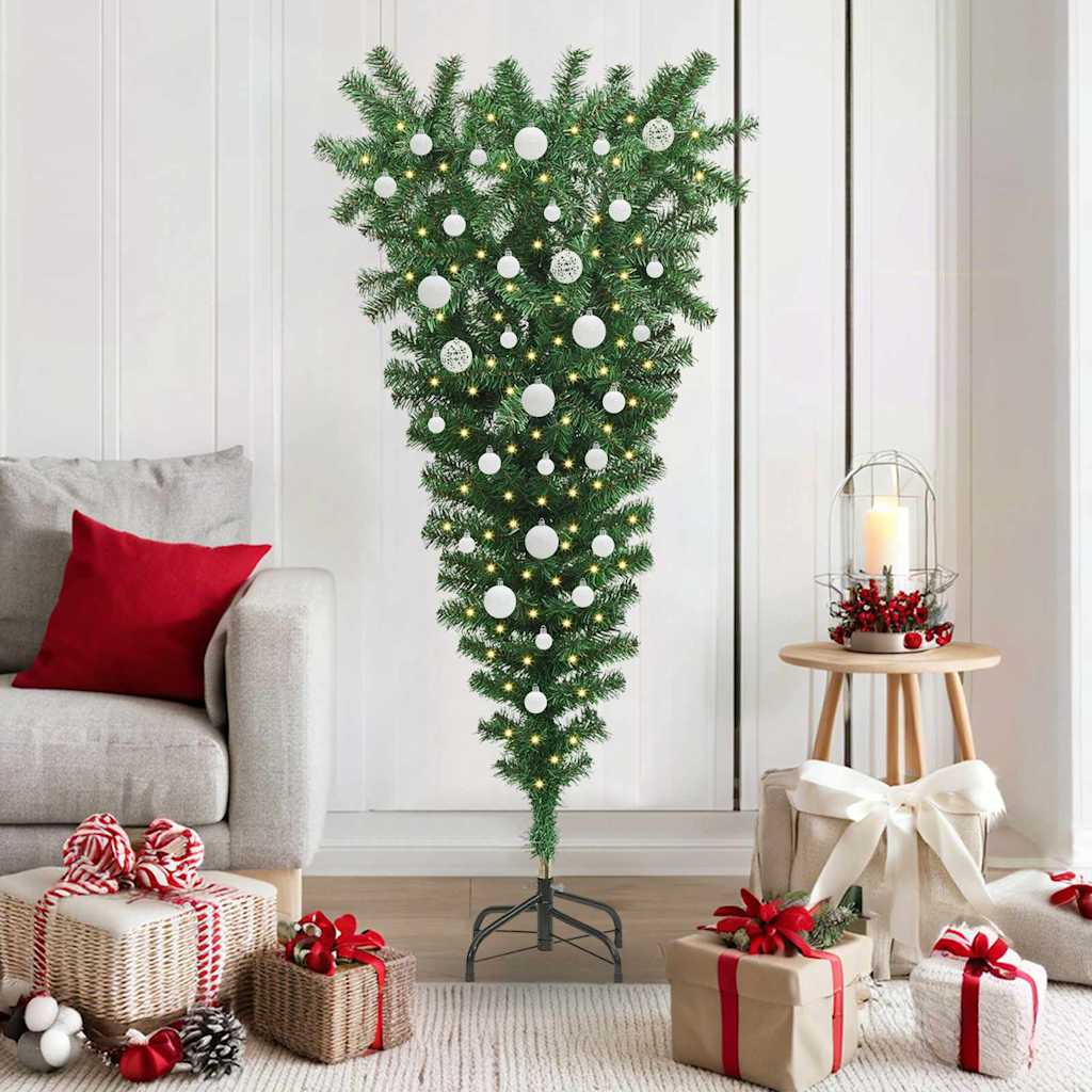 Upside-down Artificial Pre-lit Christmas Tree with Ball Set PVC Width 150 cm with 61 white balls